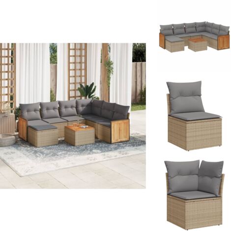 Salon de jardin avec coussins 8 pcs beige résine tressée - Ensemble Salon De Jardin - Meuble Extérieur - Mobilier De Jardin - Chaise Longue - Set Salon