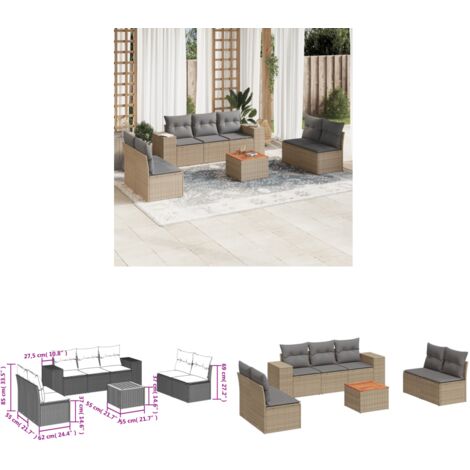 Salon de jardin avec coussins 8 pcs beige résine tressée - Ensemble Salon De Jardin - Meuble Extérieur - Résine Tressée - Rotin Synthétique - Fauteuil Jardin - Home & Living