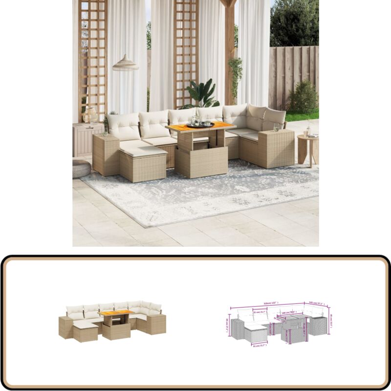 Salon de jardin avec coussins 8 pcs beige résine tressée - Ensemble Salon De Jardin - Meuble Extérieur - Résine Tressée - Rotin Synthétique