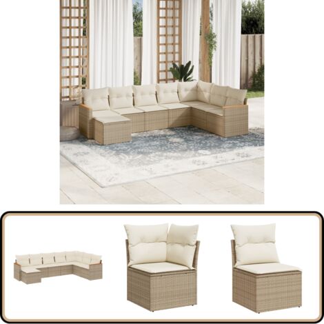 Salon de jardin avec coussins 8 pcs beige résine tressée - Ensemble Salon De Jardin - Mobilier De Jardin - Canapé Extérieur - Chaise Longue - Set Salon Extérieur
