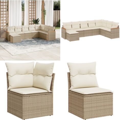 Salon de jardin avec coussins 8 pcs beige résine tressée - Ensemble Salon De Jardin - Mobilier De Jardin - Canapé Extérieur - Chaise Longue - Set Salon Extérieur - Home & Living