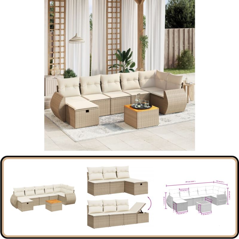 Salon de jardin avec coussins 8 pcs beige résine tressée - Ensemble Salon Jardin - Mobilier Extérieur - Résine Tressée - Rotin Synthétique - Chaise