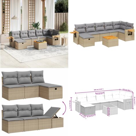 Salon de jardin avec coussins 8pcs mélange beige résine tressée - Ensemble Salon De Jardin - Mobilier Extérieur - Meubles De Jardin - Chaise Longue - Set Salon - Home & Living