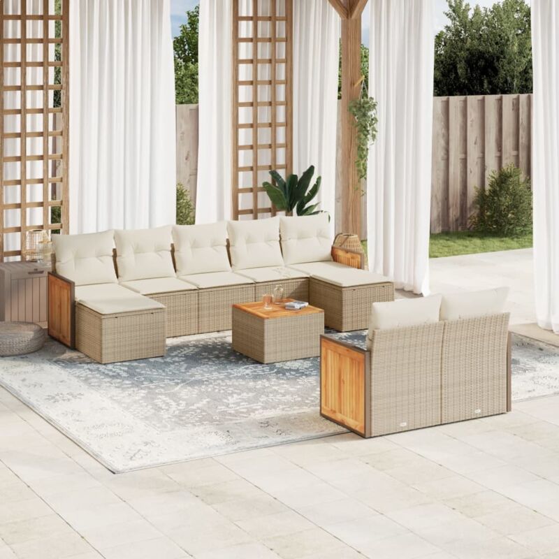 Salon de jardin avec coussins 10 pcs beige résine tressée Vidaxl