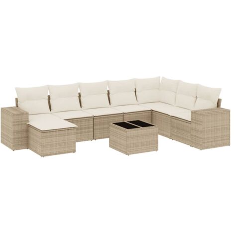 Salon de jardin avec coussins 9 pcs beige résine tressée
