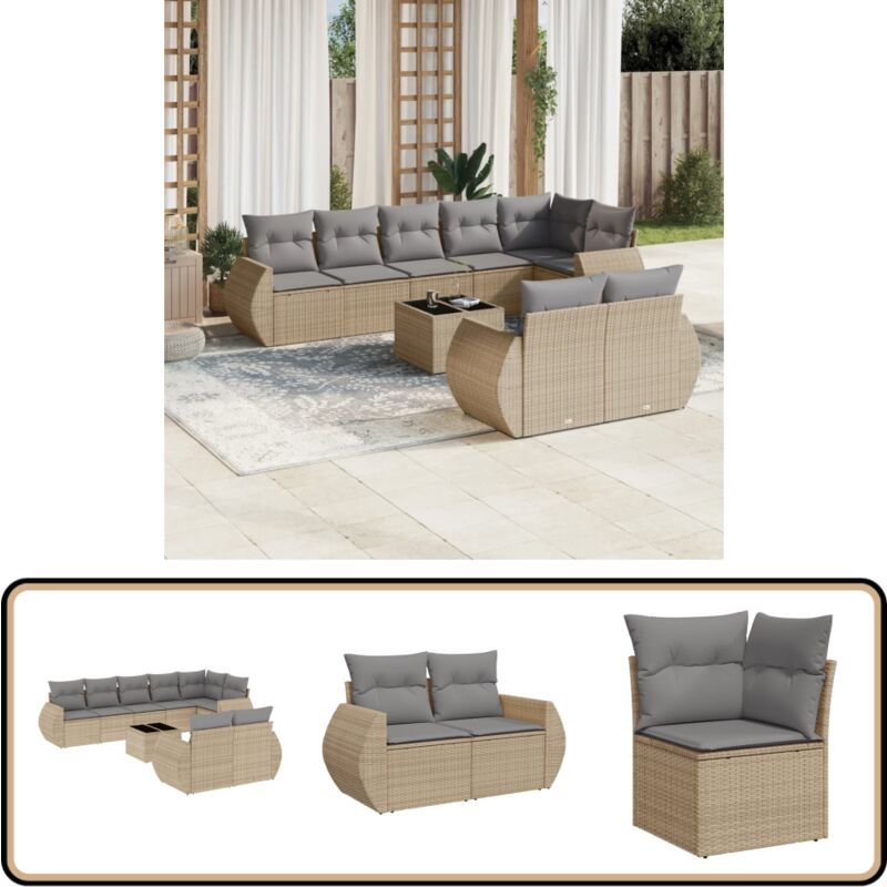 Salon de jardin avec coussins 9 pcs beige résine tressée - Canapé Jardin - Salon De Jardin - Mobilier De Jardin - Set De Jardin - Résine Tressée