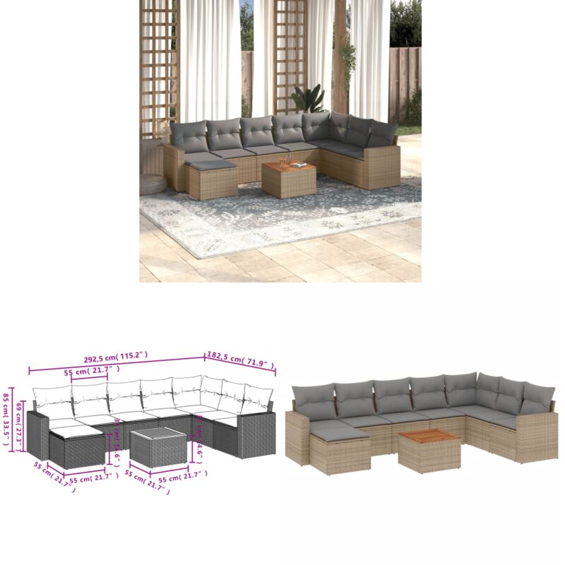 Salon de jardin avec coussins 9 pcs beige résine tressée - Canapé Jardin - Salon Extérieur - Mobilier De Jardin - Set De Jardin - Résine Tressée