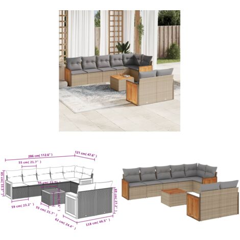 Salon de jardin avec coussins 9 pcs beige résine tressée - Ensemble Salon De Jardin - Meuble Extérieur - Jardin Design - Mobilier De Jardin - Chaise Longue - Home & Living