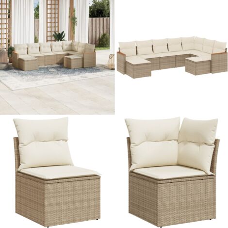 Salon de jardin avec coussins 9 pcs beige résine tressée - Ensemble Salon De Jardin - Mobilier De Jardin - Canapé Extérieur - Chaise Longue - Set Salon Exterieur - Home & Living