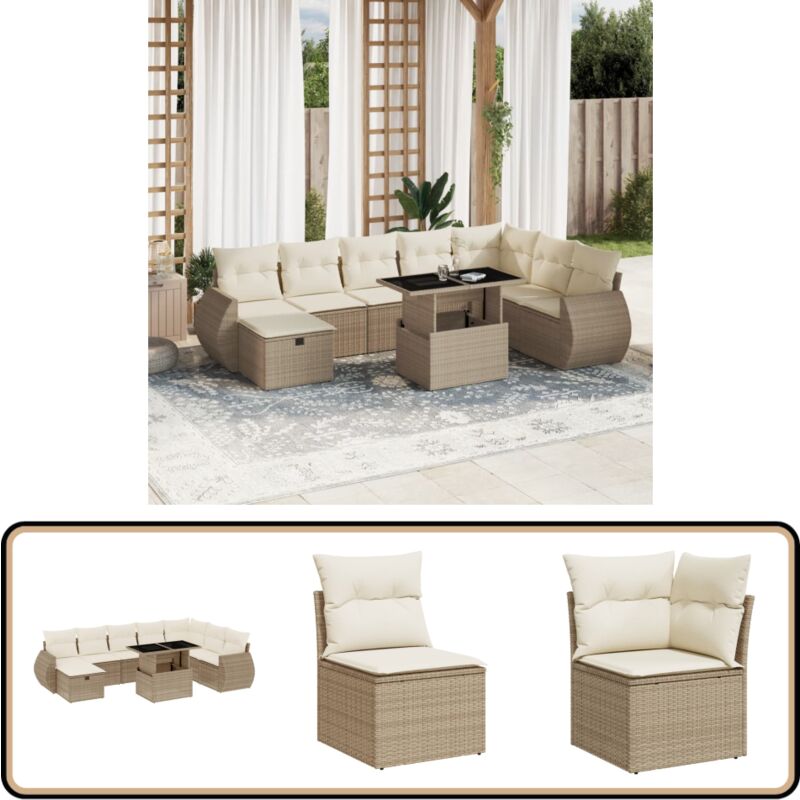 Salon de jardin avec coussins 9 pcs beige résine tressée - Ensemble Salon De Jardin - Mobilier De Jardin - Canapé Jardin - Table Jardin - Chaise