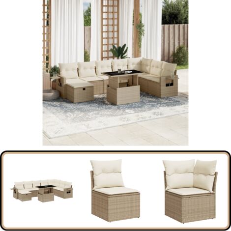 Salon de jardin avec coussins 9 pcs beige résine tressée - Ensemble Salon De Jardin - Mobilier De Jardin - Table Extensible - Chaise Pliante - Fauteuil Lounge