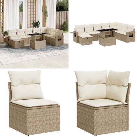 Salon de jardin avec coussins 9 pcs beige résine tressée - Ensemble Salon De Jardin - Mobilier De Jardin - Table Extensible - Chaise Pliante - Fauteuil Lounge - Home & Living