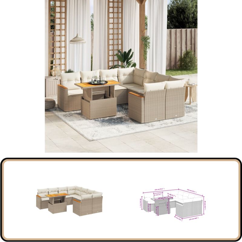 Salon de jardin avec coussins 9 pcs beige résine tressée - Ensemble Salon Jardin - Meuble Extérieur - Résine Tressée - Rotin Synthétique - Table