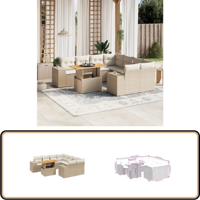 Salon de jardin avec coussins 9 pcs beige résine tressée - Ensemble Salon Jardin - Meuble Extérieur - Résine Tressée - Rotin Synthétique - Table