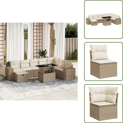 Salon de jardin avec coussins 9 pcs beige résine tressée - Salon De Jardin - Mobilier De Jardin - Set Salon De Jardin - Table Extensible - Chaise Pliante
