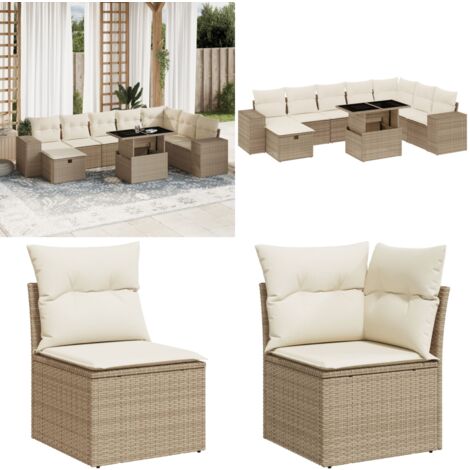 Salon de jardin avec coussins 9 pcs beige résine tressée - Salon De Jardin - Mobilier De Jardin - Set Salon De Jardin - Table Extensible - Chaise Pliante - Home & Living