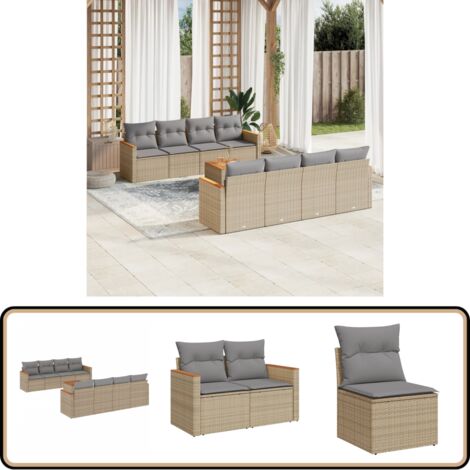 Salon de jardin avec coussins 9pcs mélange beige résine tressée - Ensemble Salon De Jardin - Mobilier De Jardin - Canapé Extérieur - Table De Jardin - Chaise Lounge