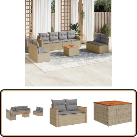 Salon de jardin avec coussins 9pcs mélange beige résine tressée - Ensemble Salon De Jardin - Mobilier Extérieur - Canapé Jardin - Table Basse Jardin - Chaise Lounge