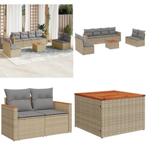 Salon de jardin avec coussins 9pcs mélange beige résine tressée - Ensemble Salon De Jardin - Mobilier Extérieur - Canapé Jardin - Table Basse Jardin - Chaise Lounge - Home & Living