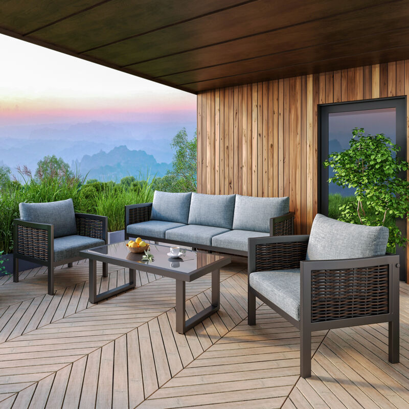 Ensemble table et chaise de jardin, avec coussins, canapé 3 places, 2 fauteuils et table basse, acier galvanisé, gris