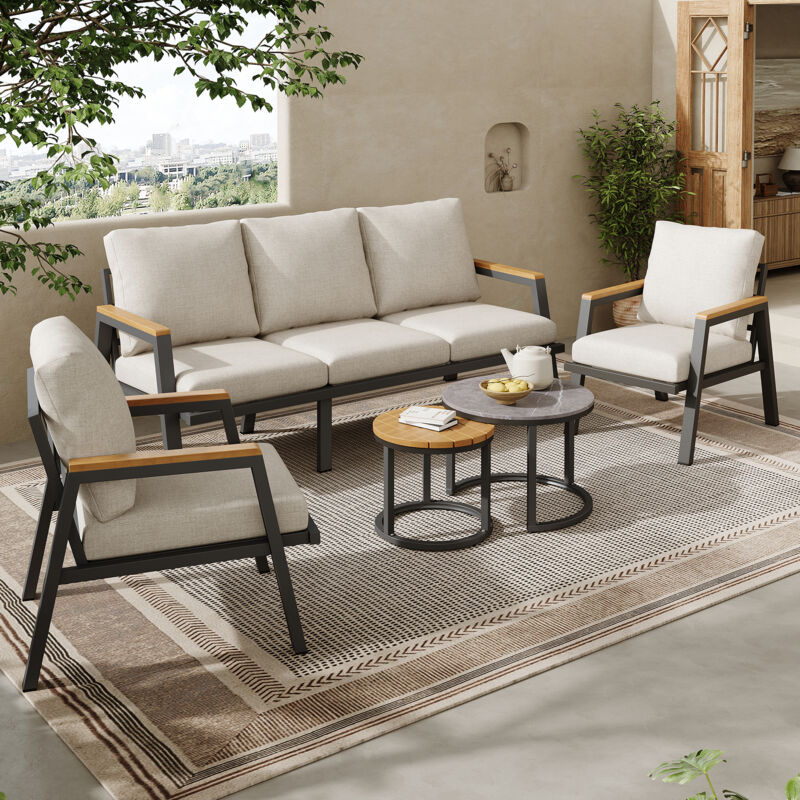 Hauss Spole - Salon de jardin avec coussins, canapé 3 places, 2 fauteuils et table basse,convient pour une utilisation intérieure et extérieure acier