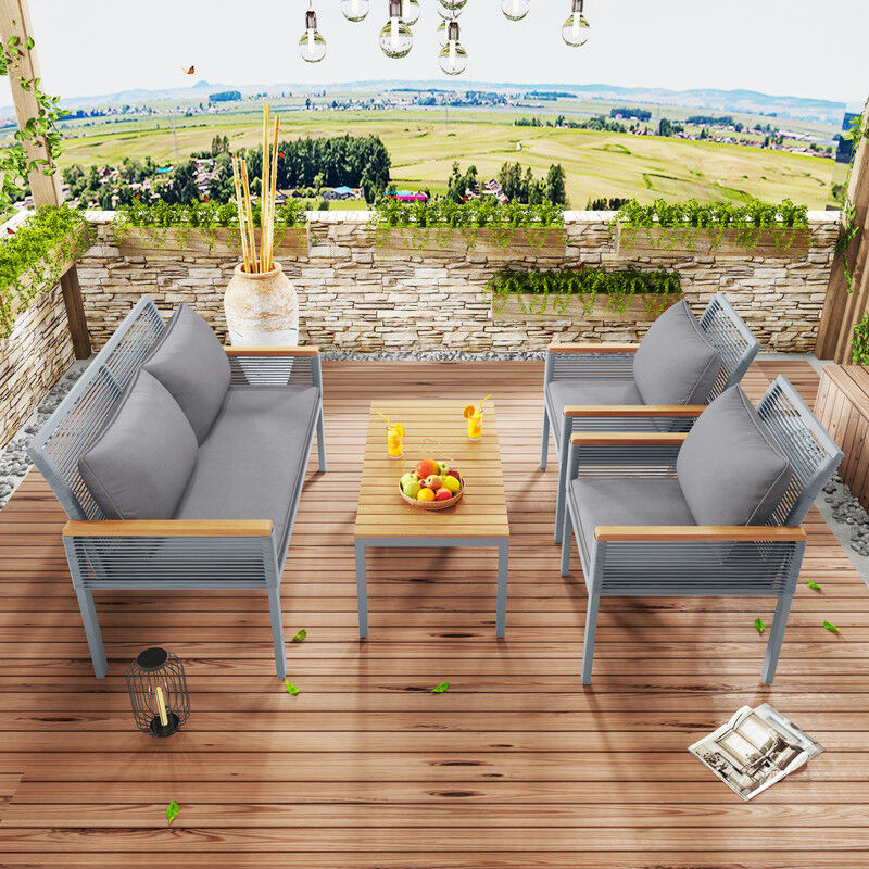 Salon de jardin avec coussins confortables, causeuse, 2 fauteuils et table, gris
