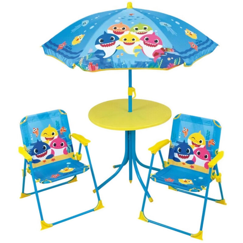 Fun house Baby Shark Salon de jardin - 1 table H.46xø46 cm, 2 chaises H.53xl.38,5xP.37,5 cm et 1 parasol H.125 x ø100 cm