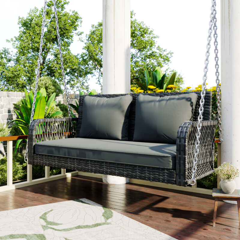 Salon de jardin, Balançoire de jardin, salon de jardin extérieur, 2 sièges avec coussins, amovibles et lavables, coussins gris rotin gris