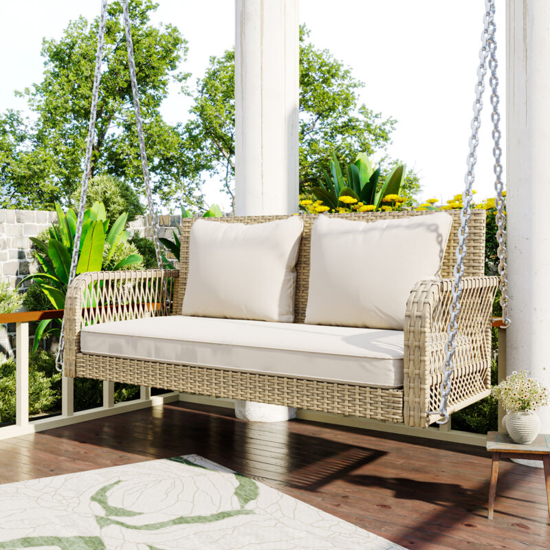 Hauss Spole - Salon de jardin, Balançoire de jardin, salon de jardin extérieur, 2 sièges avec coussins, amovibles et lavables, coussins beige rotin