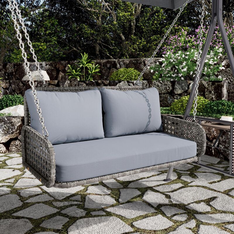 Salon de jardin Balançoire en rotin pe 2 places - avec coussins et 2 chaînes, balançoire de jardin extérieure suspendue, sans cadre, capacité de