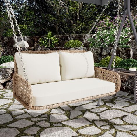 Salon de jardin Balançoire en rotin PE 2 places - avec coussins et 2 chaînes, balançoire de jardin extérieure suspendue, sans cadre, capacité de charge 320 kg, design moderne - Beige