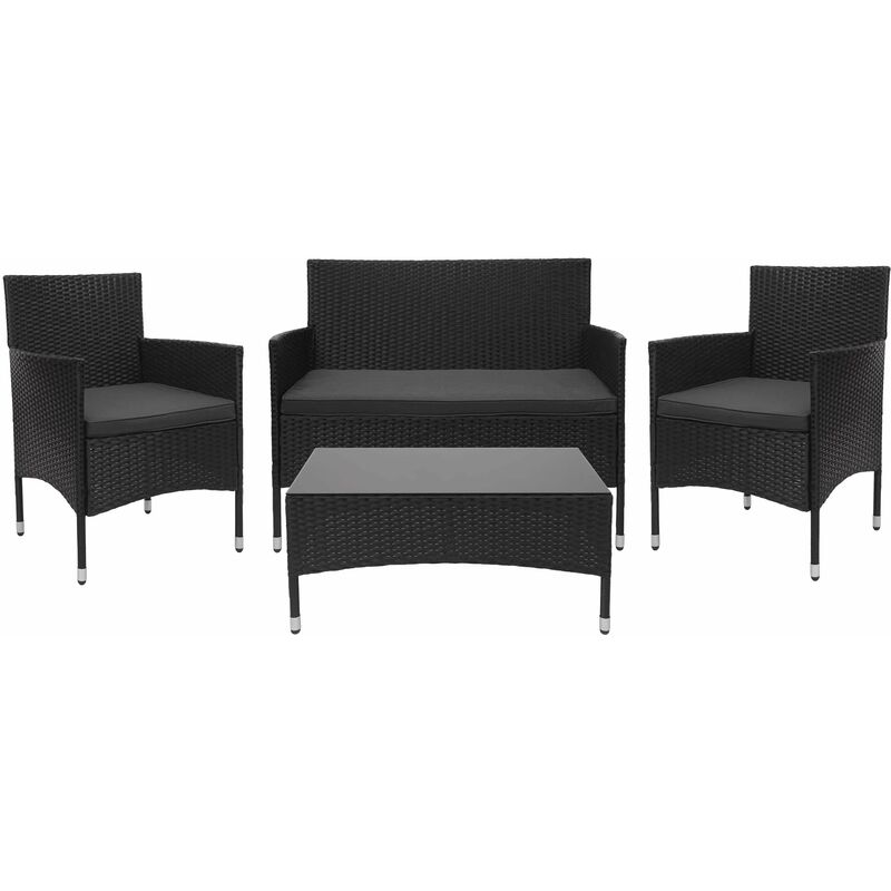 Salon de jardin balcon jardin en polyrotin noir canapé fauteuils table coussin gris foncé 040004212
