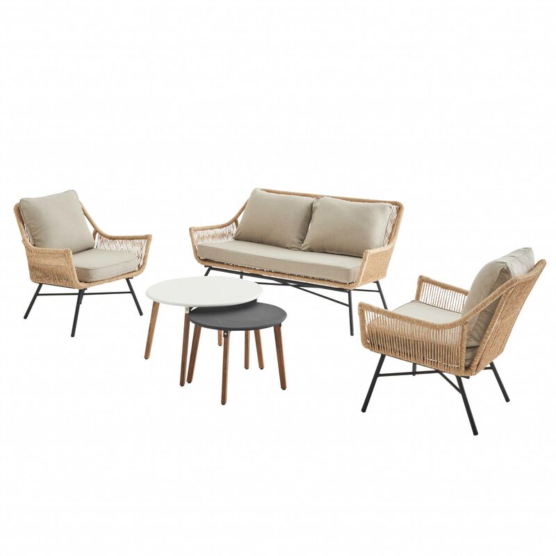 Salon de jardin bas 4 places kuta – Ensemble canapé 2 places et 2 fauteuils avec 2 tables gigognes. résine tressée effet corde. coussins beiges