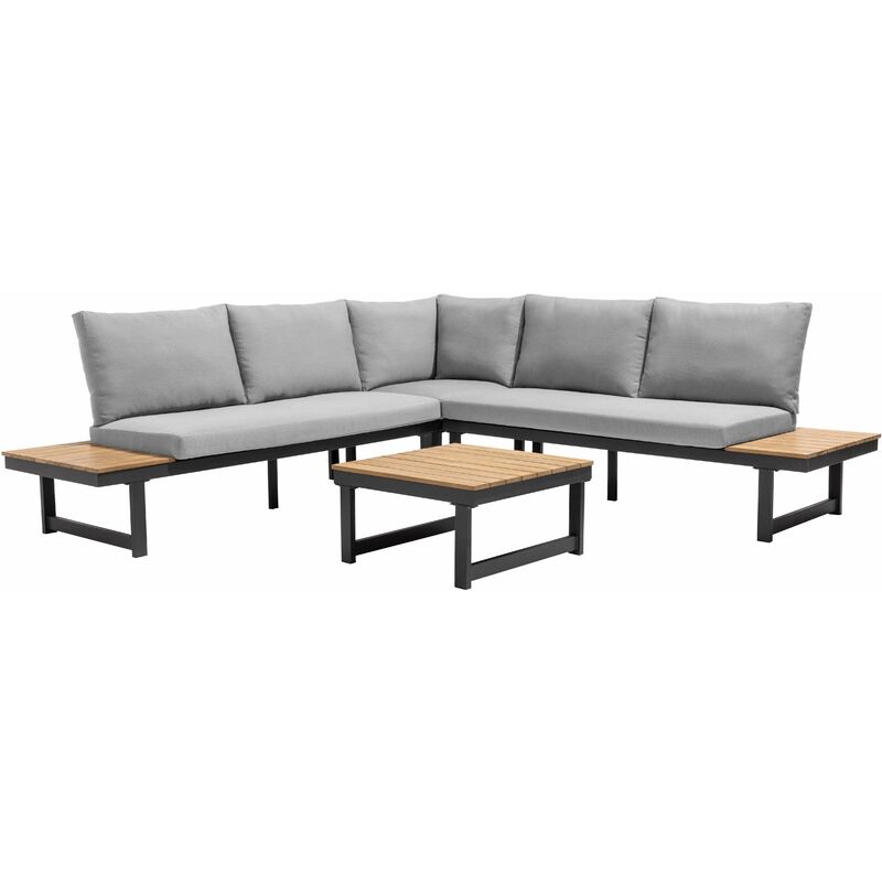Salon de jardin bas 6 places en aluminium et bois gris