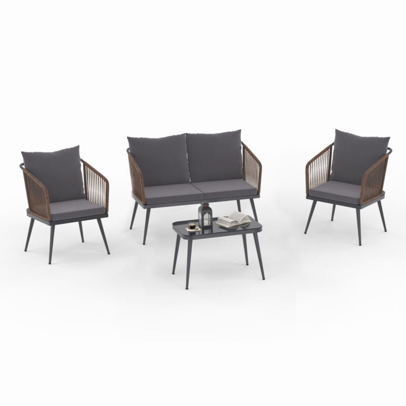 Salon de jardin bas arizona 4 places en métal gris et cordage rotin foncé
