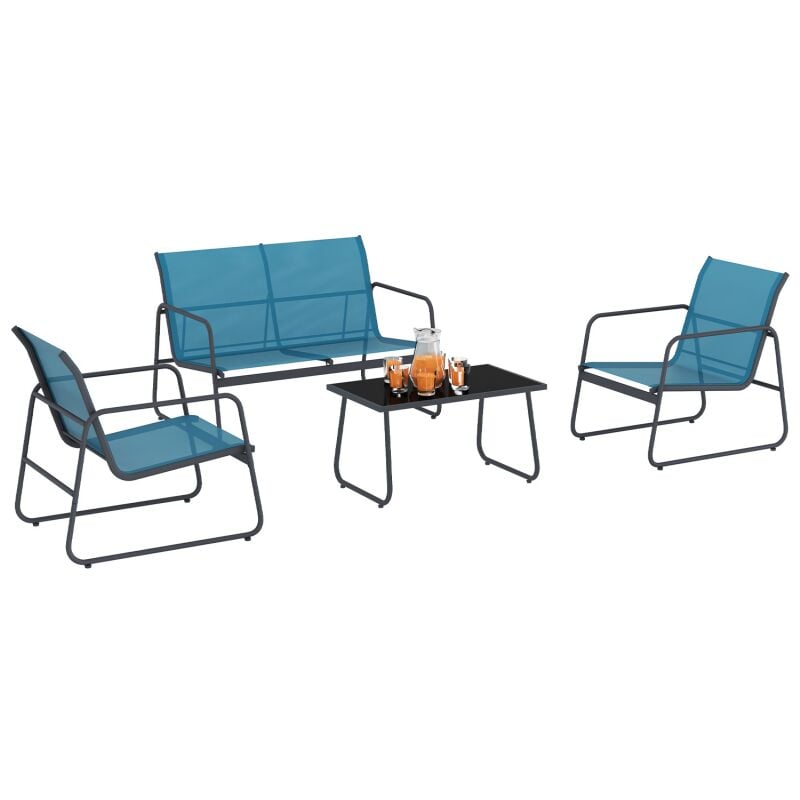 Salon de jardin bas malaga 4 places avec canapé, fauteuils et table bleu canard