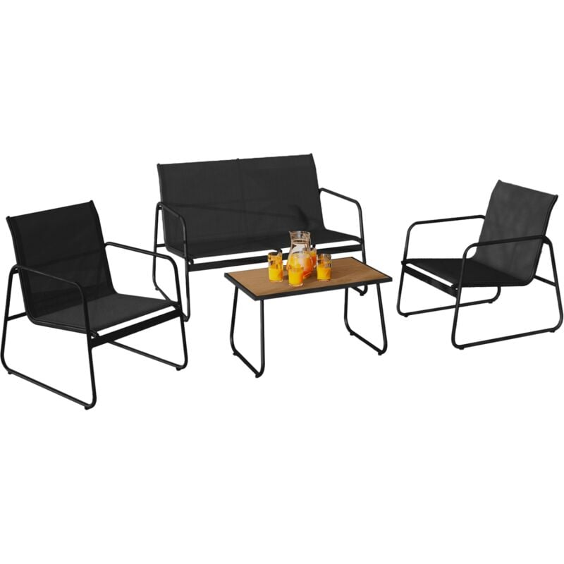 Salon de jardin bas malaga 4 places avec canapé, fauteuils et table noir et bois