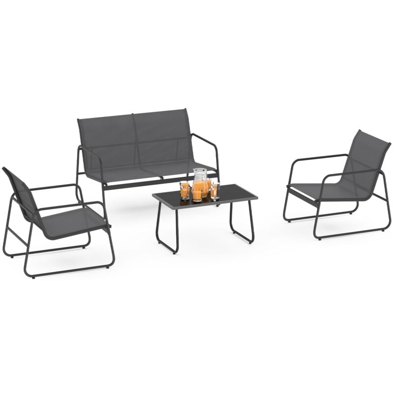 Salon de jardin bas malaga 4 places avec canapé, fauteuils et table gris anthracite