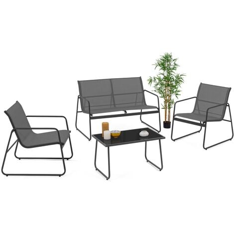 Salon de jardin bas MALAGA 4 places avec canapé, fauteuils et table gris anthracite