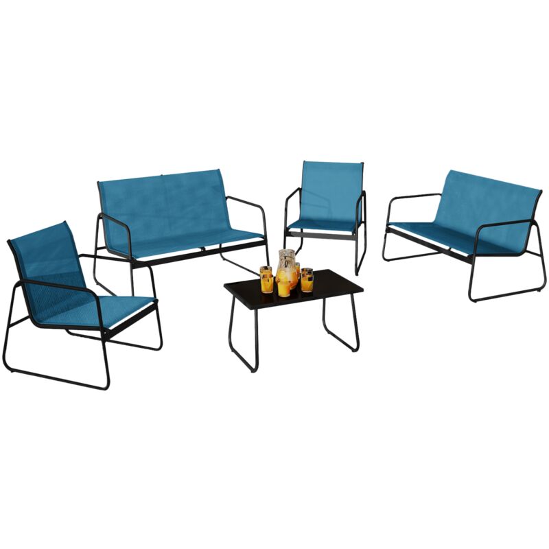 Salon de jardin bas malaga 6 places avec canapé, fauteuils et table bleu canard