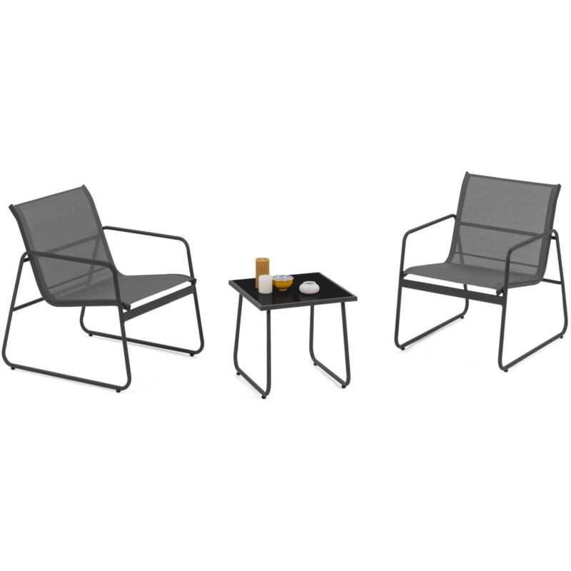 Salon de jardin bas malaga table et 2 fauteuils en acier et textilène gris anthracite