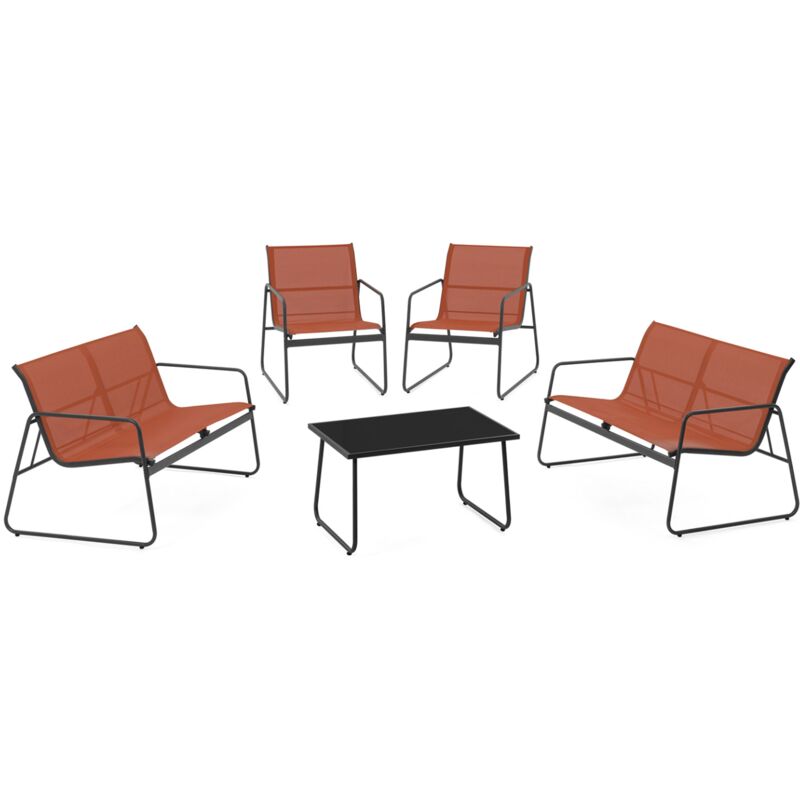 Salon de jardin bas malaga 6 places avec 2 canapés, fauteuils et table terracotta