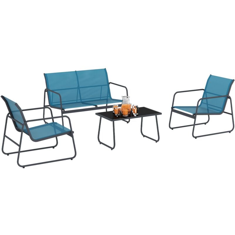 Salon de jardin bas malaga 4 places avec canapé, fauteuils et table bleu canard