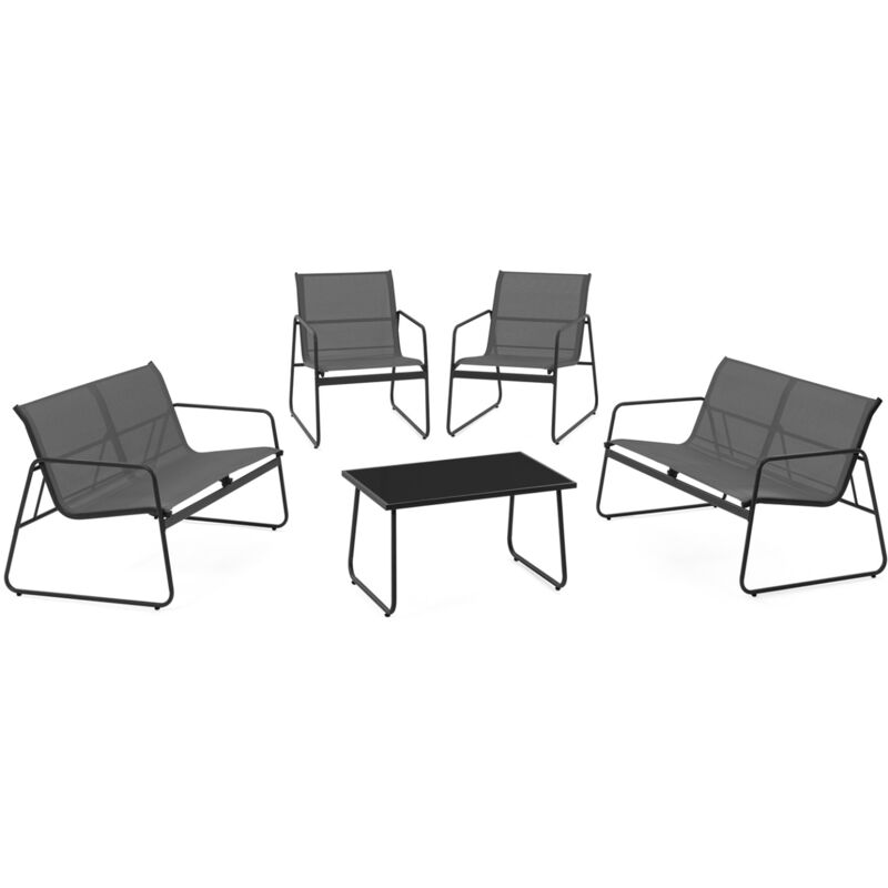 Salon de jardin bas malaga 6 places avec canapés, fauteuils et table gris anthracite