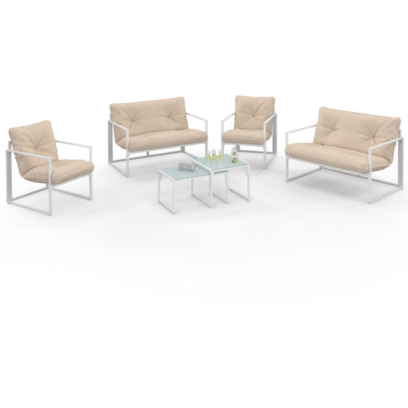 Salon de jardin bas NAIROBI 6 places en acier blanc et coussins beiges