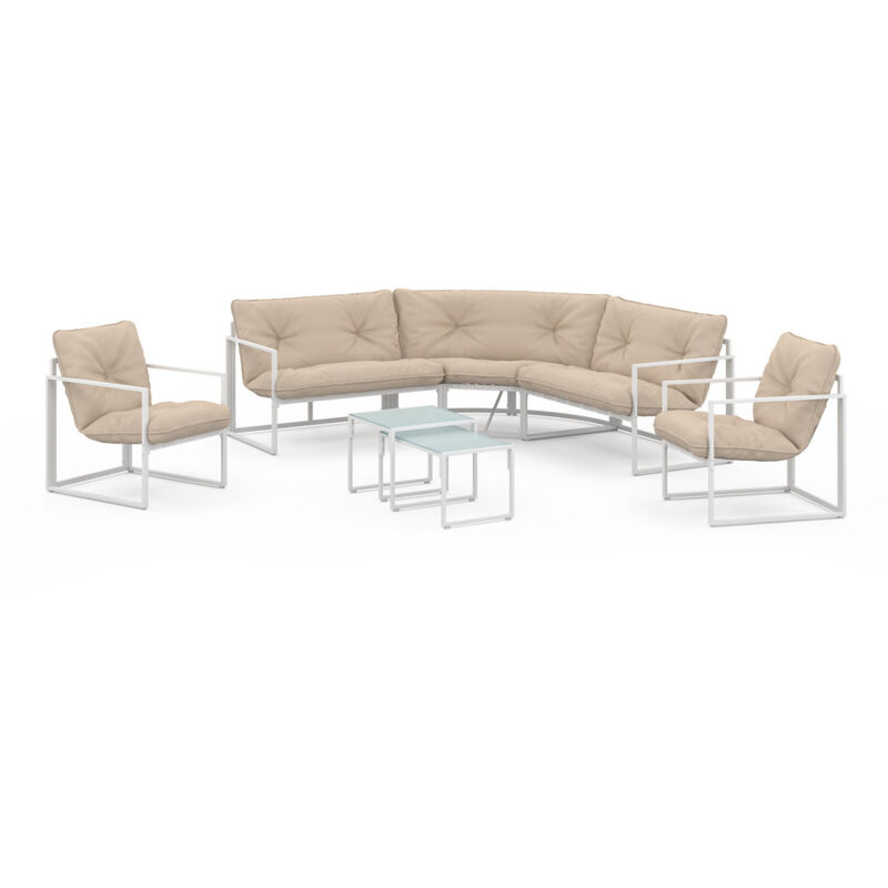 Salon de jardin bas NAIROBI 8 places salon d'angle en acier blanc et coussins beiges