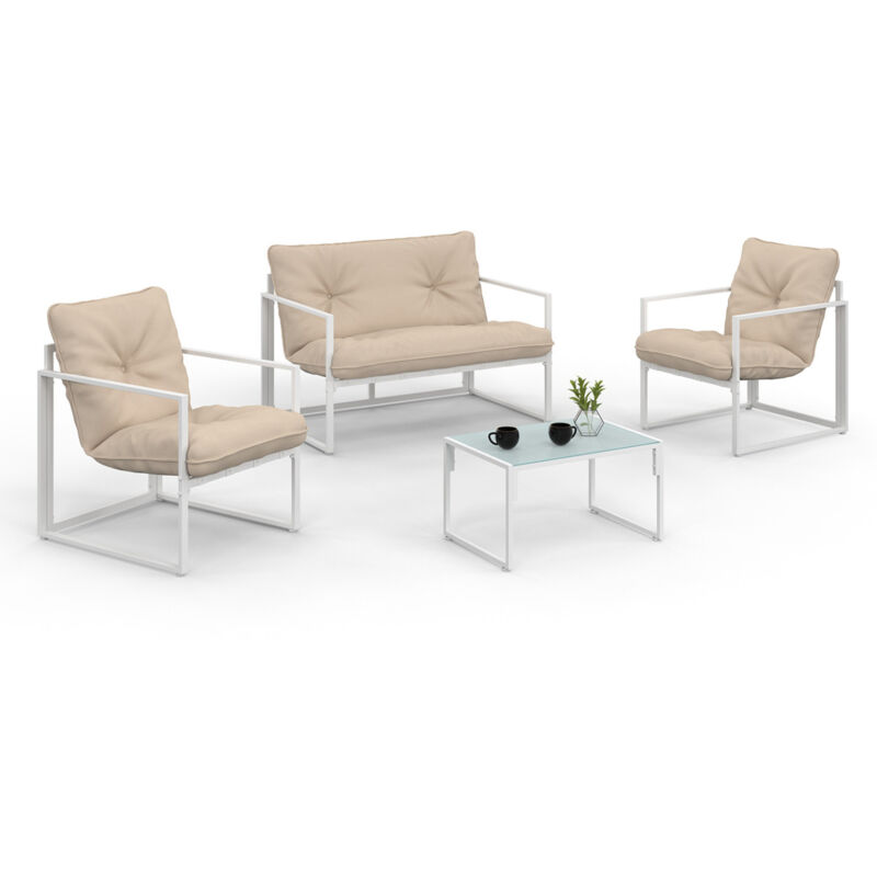 Salon de jardin bas nairobi 4 places en acier blanc et coussins beige