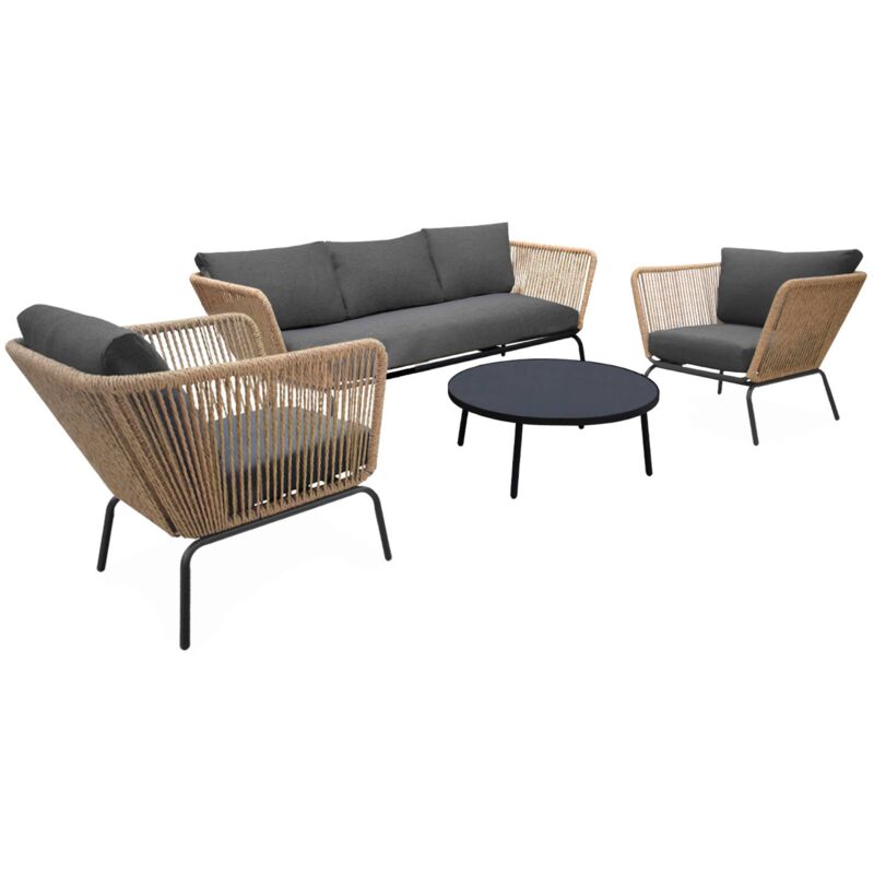 Salon de jardin bas. résine tressée effet corde. coussins anthracites 5 places