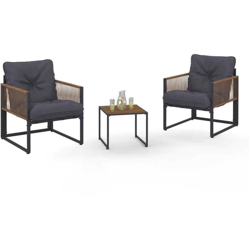 Salon de jardin bas rio table et 2 fauteuils en métal gris, cordage effet rotin foncé et coussins gris