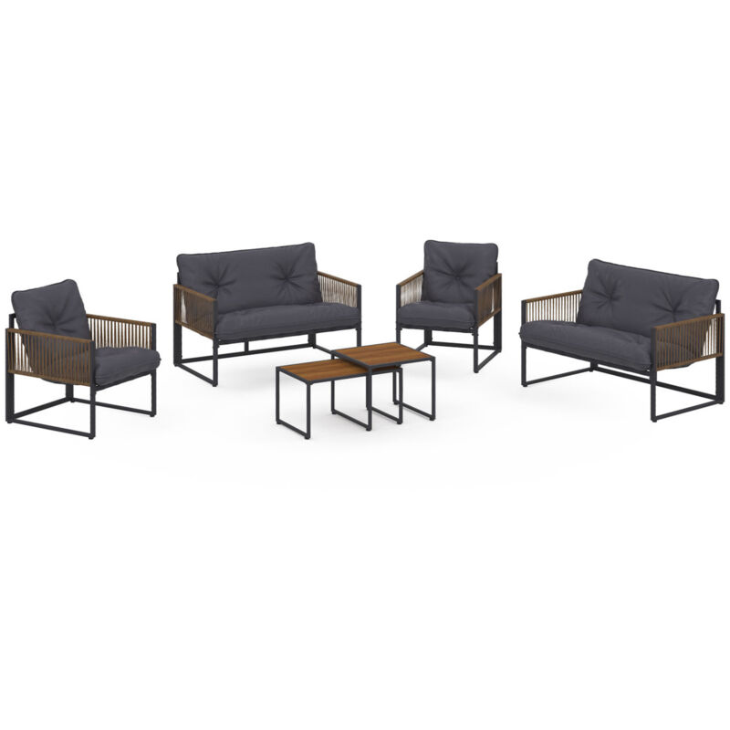 Salon de jardin bas rio 6 places structure métal et cordage effet rotin avec coussin gris